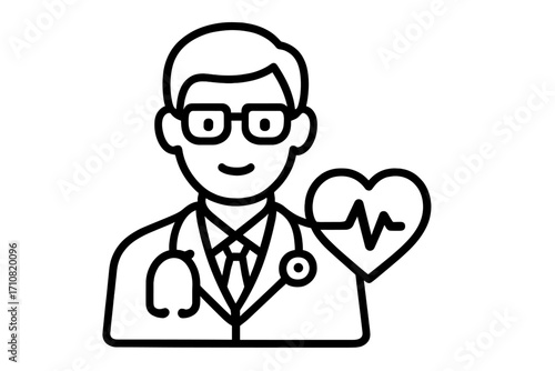 Doctor icon with stethoscope and heart EKG symbol. Health care professional, cardiologist. Medical vector illustration for clinic, hospital. Linear character design.