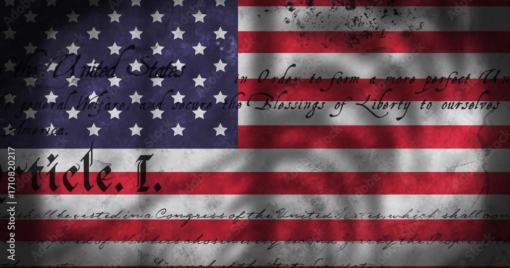 Fototapeta premium Showing weathered American flag with constitutional script overlay and tree-branch shadows