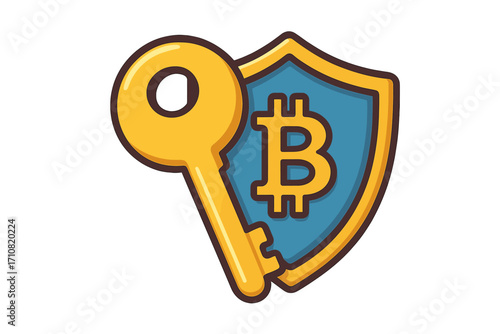 Crypto security concept. Bitcoin protection icon with key and shield for cryptocurrency safety. Private key for digital wallet access. Blockchain technology and finance vector.