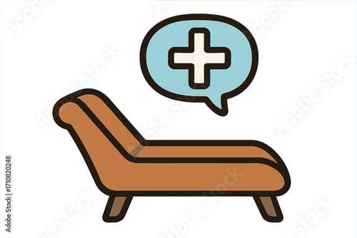 Psychotherapy session concept vector icon. Psychoanalyst couch with medical help speech bubble. Psychology, mental health care, counseling and psychiatric support symbol.