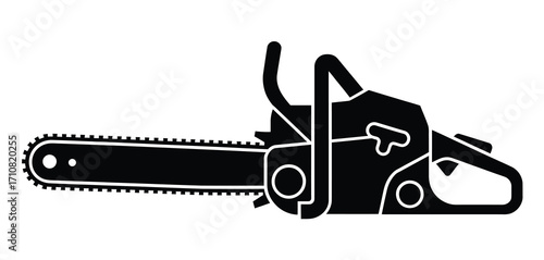 Black silhouette of a powerful chainsaw on a white background