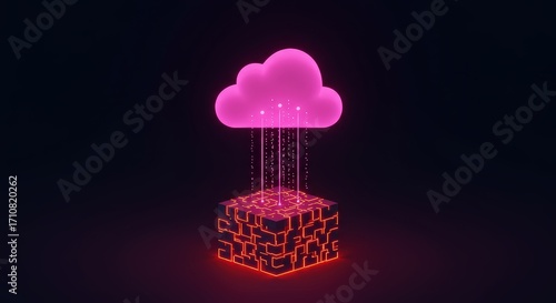 Vibrant pink cloud symbolizing data flow and cloud computing, emitting digital streams into a glowing geometric cube on a dark background.
