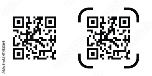 Modern black QR code icon on clean white background. QR code scan for smartphone. QR code for payment. Scan QR code symbol. Modern black QR code vector graphics