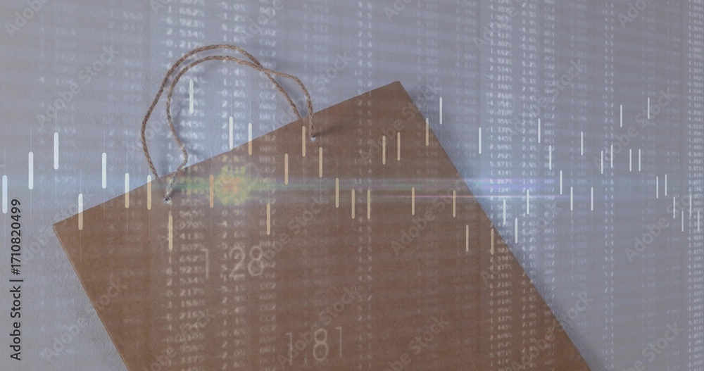 Fototapeta premium Displaying kraft paper bag with rope handles on studio table with candlestick chart overlay