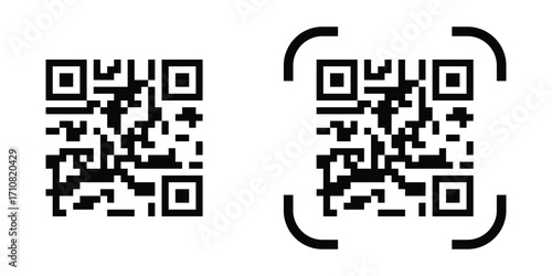Modern black QR code icon on clean white background. QR code scan for smartphone. QR code for payment. Scan QR code symbol. Modern black QR code vector graphics