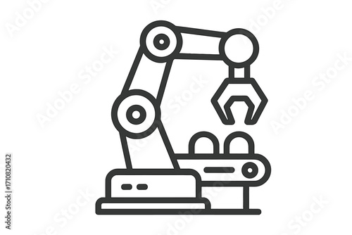 Robotic arm icon. Industrial manipulator on conveyor belt. Automation technology. Factory production line. Manufacturing process. Smart industry 4.0. Engineering machinery.