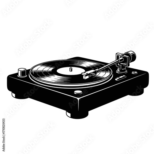 Stylized Black and White Turntable with Vinyl Record Detail