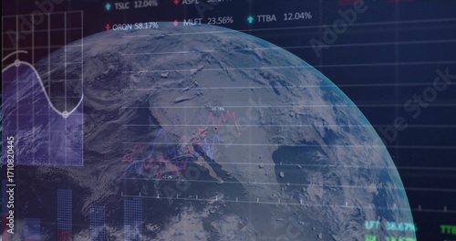 Displaying Earth globe focusing on North America in virtual dashboard, with financial overlays
