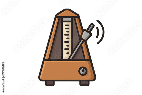 Metronome vector icon illustration. Classic music equipment for keeping tempo and rhythm. Cartoon drawing of a vintage musical timer with a clicking beat and sound wave symbol.