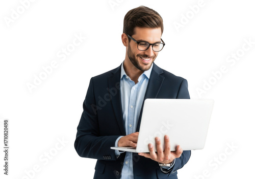 Man in suit working on laptop isolated on transparent background