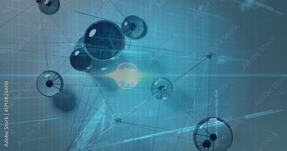 Naklejka premium Floating translucent nodes forming network web in virtual digital grid, streaming data code