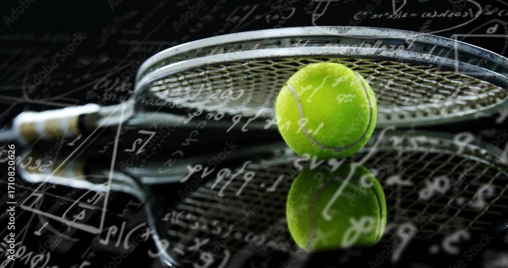 Fototapeta premium Balancing green tennis ball on racket on studio's black reflective surface, math equations overlay