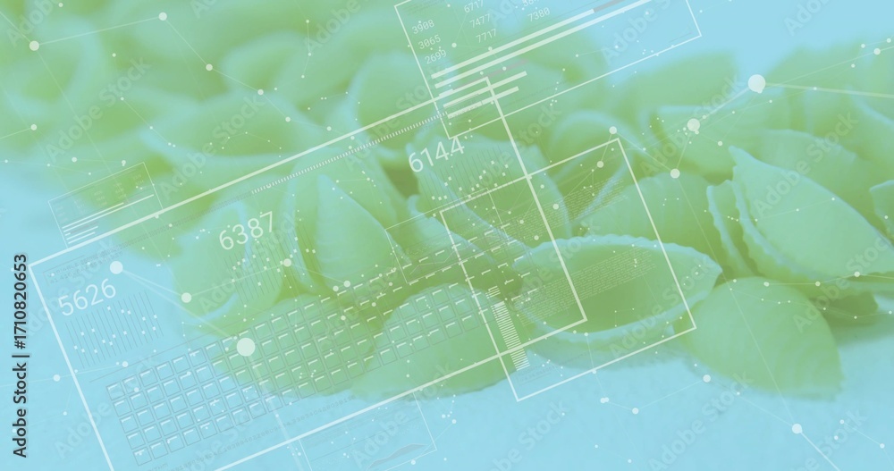 Fototapeta premium Cluster of shell-shaped pasta pieces lying on studio surface, with translucent interface elements