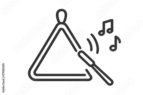 Musical triangle instrument icon. Percussion instrument with beater making sound. Simple line art vector illustration with musical notes. Classic orchestral music concept symbol.