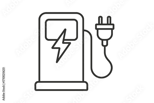 EV charging station icon. Electric car charge point symbol. Linear vector illustration. Green energy and eco friendly transport concept. Battery power refill for automobile. Plug and cable.