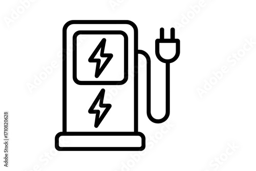 Electric car charging station icon. EV charger line art symbol. Vector illustration for green energy and sustainable transport. Automotive power plug pictogram. Eco friendly vehicle.