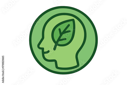 Green thinking concept icon. Head silhouette with a leaf symbolizing an eco-friendly mindset, environmental consciousness, sustainability, and mental wellbeing. Vector logo for ecology.