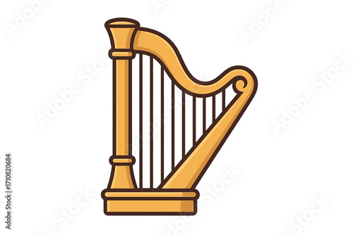 Golden harp vector icon. Classical music string instrument symbol. Cartoon illustration for orchestra or concert. Elegant lyre logo for melody, harmony, or angelic concept.
