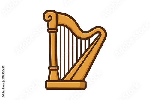 Harp icon. Golden string musical instrument symbol. Vector cartoon illustration for classical orchestra music. Elegant lyre logo for concert or mythology concept. Isolated.