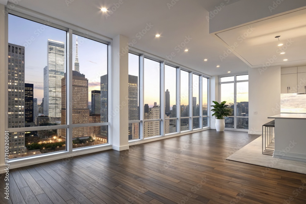 Fototapeta premium Modern Living Space With Skyline View at Sunset in Urban High-Rise