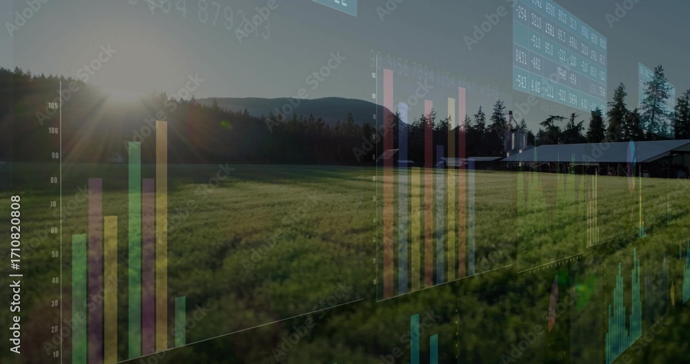 Obraz premium Overlaying bar charts and data panels over crop field, barn, evergreen trees, hills under low sun