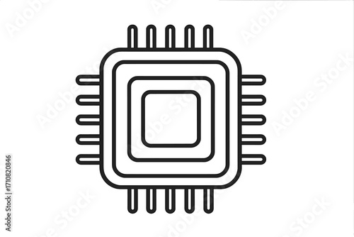Processor icon, CPU, and microchip symbol for technology. Vector line art of computer hardware, integrated circuit, and motherboard component. Digital data processing concept.