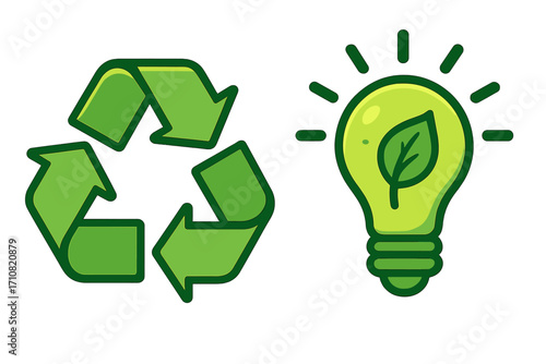 Recycle symbol and green energy light bulb icon. Eco-friendly innovation and sustainability concept. Vector illustration for ecology, environment, renewable resources and conservation.