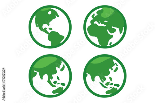 Think green vector icon set. Earth planet symbol. Eco friendly global concept. World map globe illustration. Ecology conservation sign. Save the planet for Earth Day.