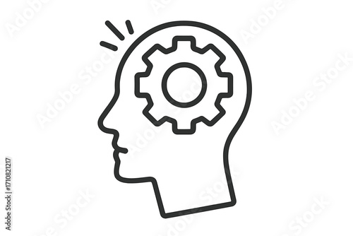 Thinking process icon. Human head silhouette with cogwheel. Brainstorming, innovation and strategy concept. Psychology and mental health. Mind gear symbol for problem solving.