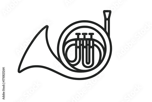French horn icon. Musical instrument symbol. Vector line art illustration. Brass instrument for classical orchestra music. Simple black outline graphic element design. Isolated.