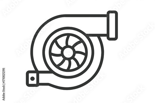 Turbocharger icon. Car engine part for power boost. Automotive turbine symbol for performance, speed, tuning. Motor racing vector graphic. Supercharger, auto part concept.