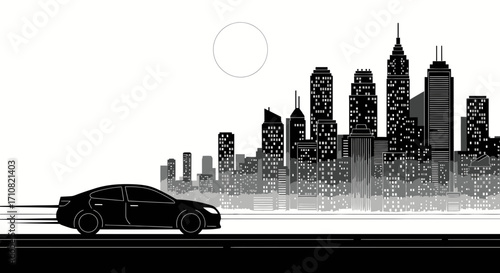 Dynamic monochrome illustration capturing a sleek car speeding along an urban highway, set against a stark city skyline under a prominent celestial circle