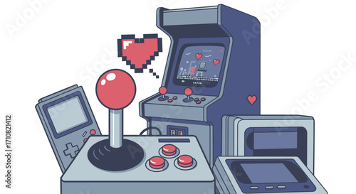 Vibrant illustration celebrating the nostalgia of classic video games with retro consoles, arcade machines, and controllers