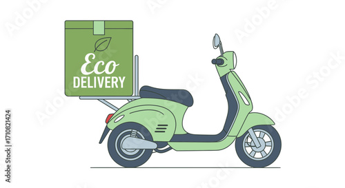 Green eco scooter delivering package with leaf icon symbolizing sustainable and environmentally friendly service