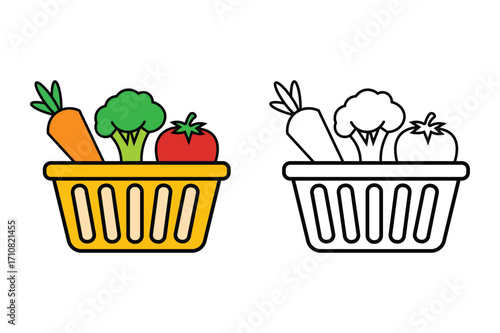 Fresh Vegetable Basket Icon – Color and Outline Vector