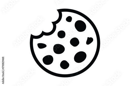 Simple black and white doodle of a bitten chocolate chip cookie
