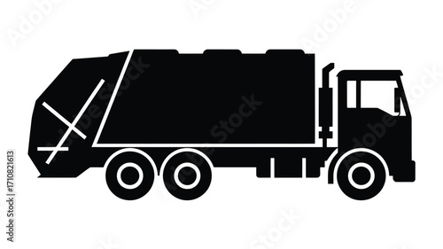 Black silhouette of a garbage truck on a white background