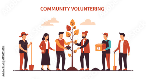 Group of happy volunteers planting a tree together as a team. A concept of charity, social work, and environmental conservation