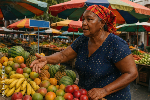 Point-a-Pitre, Guadeloupe - woman sells fresh fruits at the outdoor market in Guadeloupe.