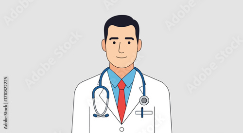 Friendly male doctor illustration in a white lab coat with a stethoscope around his neck.