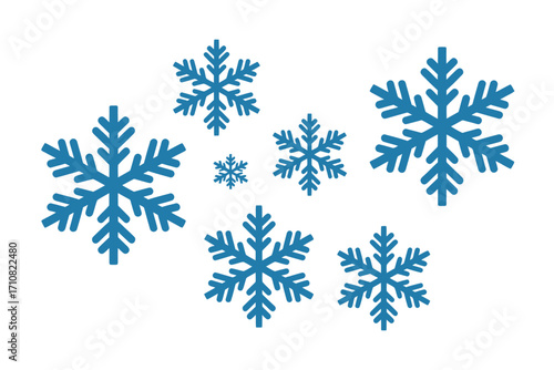 Cluster of blue snowflake illustrations on a white background