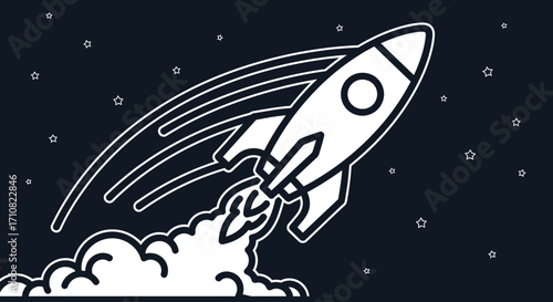 Stylized White Rocket Launching Through Clouds and Stars