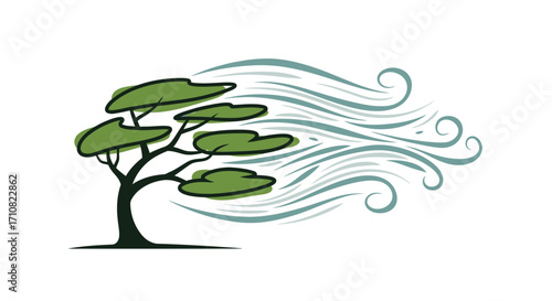 Stylized windswept tree with green leaves and swirling blue wind gusts.