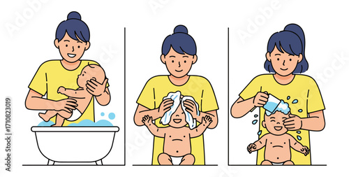 Baby Bath and Care Routine Vector Illustration