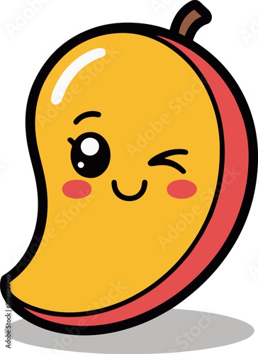 Vector art of adorable mango cartoon cheerful mango character with a winking eye, rosy cheeks, and a sweet smile, perfect for healthy eating campaigns, tropical themes, and fun illustrations