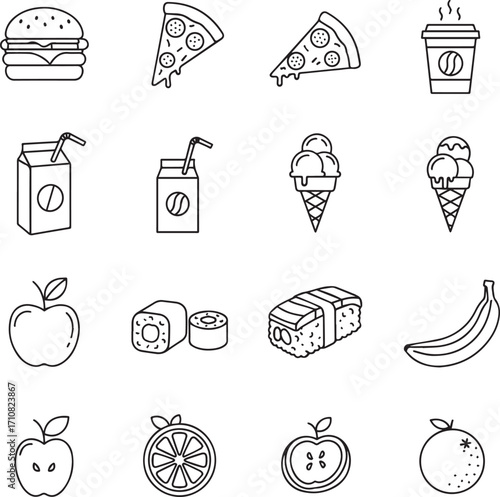 Vector illustration of food and drink icons in simple line style. Includes burger, pizza slice, coffee cup, juice box, ice cream cone, sushi, apple, banana, orange, and other fruits. Perfect for resta