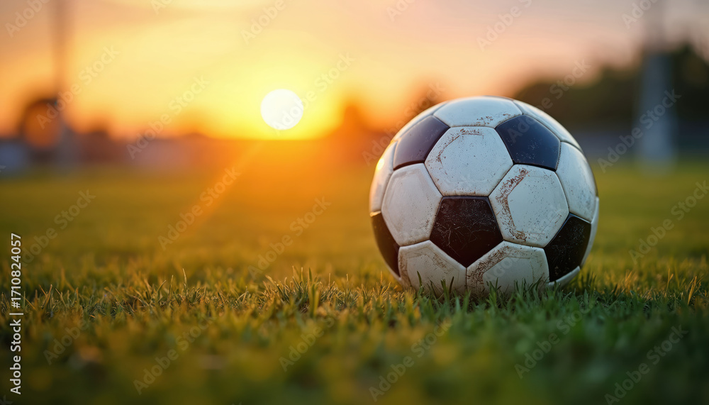 Fototapeta premium Soccer ball sits on field at sunset. Classic football rests in grass. Warm sunlight shines on sport equipment. Game concept. Team sport. Outdoor activity. Training at stadium.