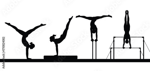 Silhouettes of gymnasts performing various handstand poses on different apparatus