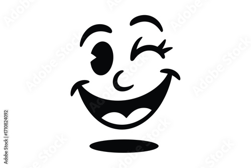 Vintage cartoon face winking and laughing with wide smile
