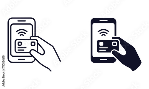 Two icons showing a hand holding a credit card near a smartphone with wifi signal contactless payment